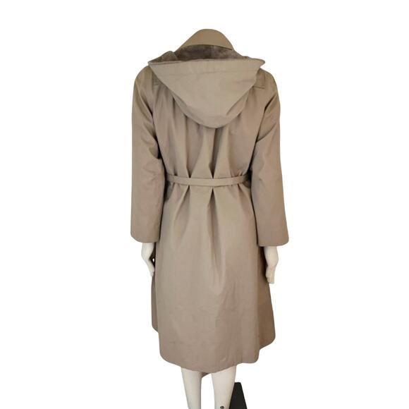 VTG LONDON FOG Faux Fur Lined Belted Hooded Trench Coat in Khaki SZ 10P - Picture 6 of 13